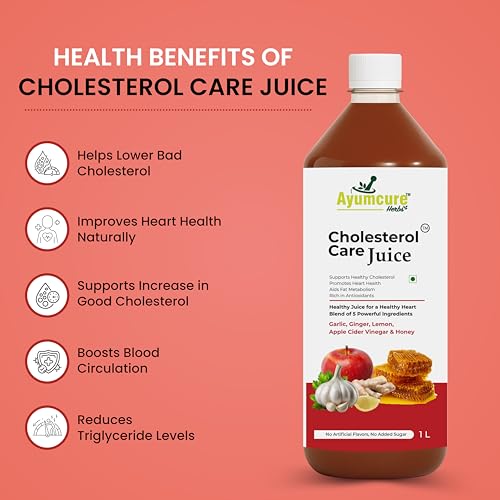 Image of Ayumcure Cholesterol Care Juice | Ayurvedic Heart Health Drink with Garlic, Ginger, Lemon, Apple Cider Vinegar & Honey | Supports Healthy Cholesterol & Triglyceride Levels|Sugar-Free|1L (Pack of 3)