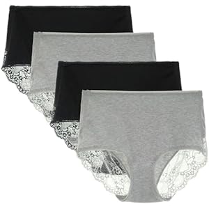 Women's High Waisted Underwear Cotton Brief Comfort Lace Full Coverage Panties Multipack Small Black/Heather Grey