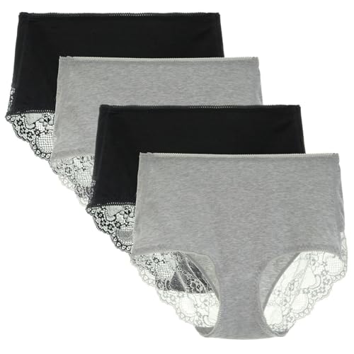 Women's 3 or 4 Pack High Waisted Comfort Cotton Lace Coverage Full Rise Briefs Knickers Underwear S Black/Heather Grey
