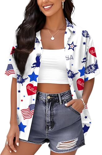 Image of Ithalt 4th of July Hawaiian Shirts Women American Flag Patriotic Short Sleeve Button Down Outfits Summer Vacation Tops