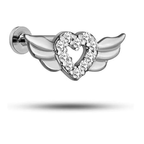 925 Ayar Rodyumlu Gümüş Kanatlı Kalp Tragus Piercing Küpe