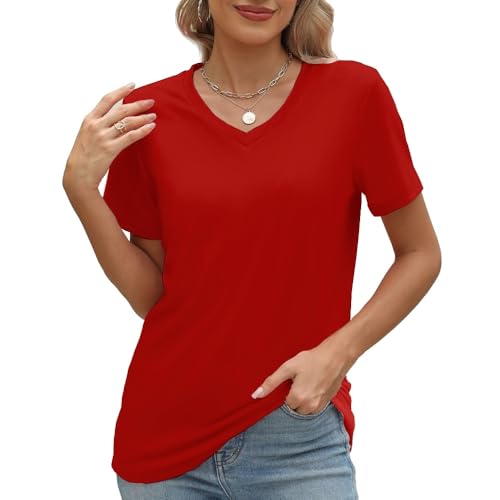 100% Cotton Red V Neck Short Sleeve T Shirts for Women, Plain T-Shirt,Basic Tees