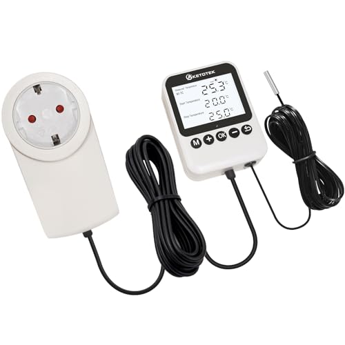 KETOTEK Prise Thermostat Jour/Nuit avec Minuterie, Contrôleur de Température Numérique Chauffage & Refroidissement 220V, Sonde 3M, Design Séparé, 3 Modes...