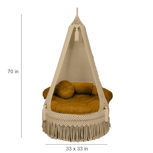 Image of KAAHIRA Bohemian Macrame Hanging Swing Chair- Aesthetic Cotton Rope Hammock for Indoor & Outdoor - Patio, Balcony, Bedroom, Living Room, Garden-Kids, Adults & Pets - Boho Decor (Beige)