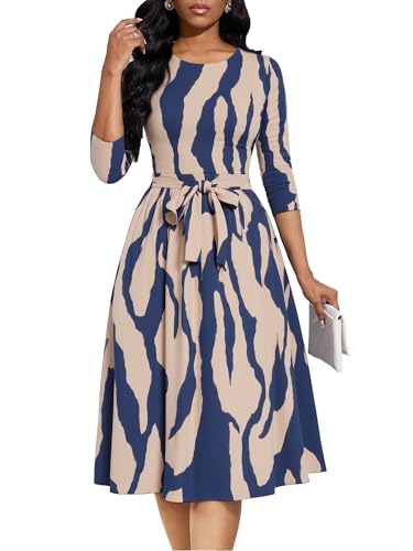 Casual Dresses for Women Midi Church A-Line Fit and Flare Dress Crewneck 3/4 Sleeve Party Dress