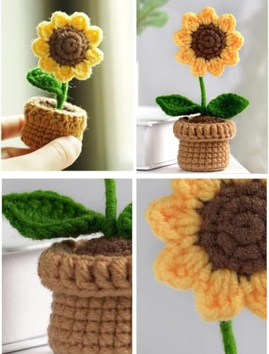 Image of Artificial Crochet Flower Bouquet Handmade Cotton Flowers Bunch for Home Decor, Gift for Girls, Wedding, Festival Decoration, Long Lasting Floral Arrangement (Sunflower Crochet Pot)