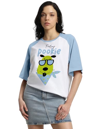 Image of JUNEBERRY 100% Pure Cotton Oversized Loose Baggy Fit Drop Shoulder Half Sleeve Round Neck Cool Front Teddy Printed Cork & White T-Shirt for Women /Girls (Available in from S to 2XL)