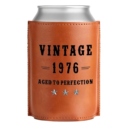 50th Birthday Gifts for Men Leather Can Cooler - 50th Birthday Decorations & Party Favors - 50th Bday Gifts Ideas for Him, Dad, Husband, Friends - Vintage 1976 Insulated Drink Holder