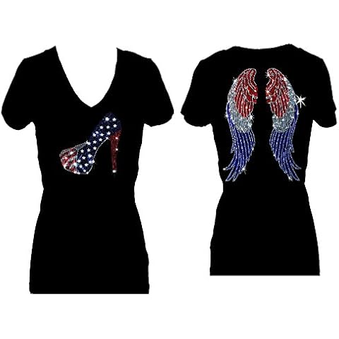 Rockeroo Boutique Shoe Flag Angel Wings July 4th Rhinestone V Neck Short Sleeve Tee Shirt (S) Cover