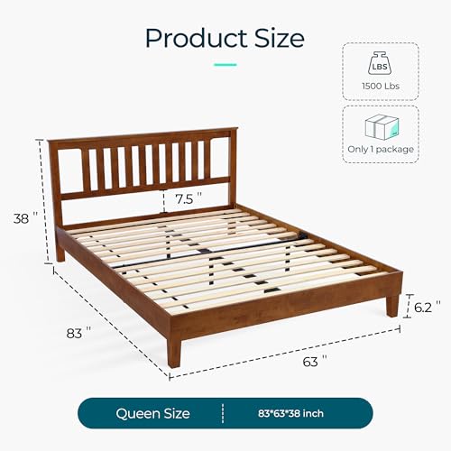Linsy LH242 Queen Bed Frame, Wood Platform Bed Frame With Headboard, Solid Wood Bed With Wood Slat Support, No Box Spring Needed, Easy Assembly, Walnut thumb #1