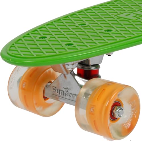 FunTomia 57cm Mini-Cruiser Board Skateboard mit oder ohne LED Leuchtrollen inkl. Aluminium Truck, ABEC-9 Kugellager und T-Tool (Grün mit orange LED Rollen)