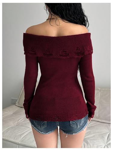 Image of MakeMeChic Women's Ripped Bell Sleeve Sweaters Off The Shoulder Knitted Pullovers Top