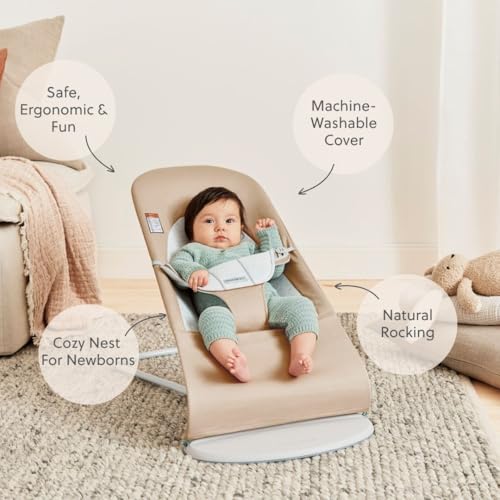 Image of BabyBjorn Bouncer Balance Soft, Beige /Gray, Woven /Jersey | 2-in-1 Adjustable Baby Bouncer Seat and Toddler Chair, Newborn to Toddler (8-29 lbs), 4 Positions, Lightweight & Portable