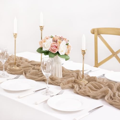 Image of MLMC 12 Pack Nude Cheesecloth Table Runner 10ft Boho Rustic Gauze Taupe Cheese Cloth Table Runner Neutral Decor 35x120 Inches for Reception Wedding Bridal Shower Party Decor
