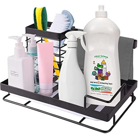 Kitchen Sink Caddy Organiser, Sponge Holder for Kitchen Sink Tidy/Caddy Organiser Brush Holder Cleaning Organiser Cloth Holder, STKYGOOD 304 Stainless Steel Kitchen Utensils Holder Cover