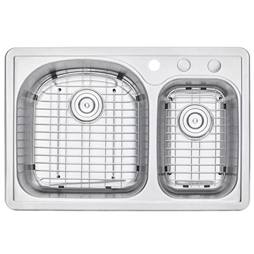 Cozyblock 33 X 22 X 8 Inch 70/30 Offset Top-Mount / Drop-In Stainless Steel Double Bowl Kitchen Sink With Strainer And Protective Bottom Grid - 18 Gauge Stainless Steel-3 Faucet Hole #TOP4