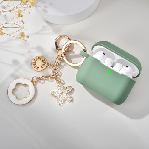 Image of VISOOM for AirPods Pro 3 Case 2025, Silicone Case for Apple Air Pods Pro 3rd Generation Cover Women, Cute iPods 3 Protective Cover with Bling Keychain & Cleaning Kit,Green