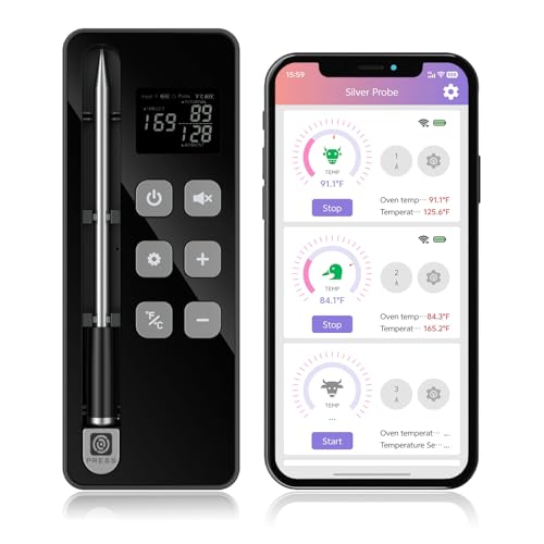 Deal: Smart Bluetooth Wireless Meat Thermometer with Display Base, NIST ±0.5°F Accuracy, 1000°F Heat-Resistant Ultra-Thin Probe, Long-Range 10X Sub-1G Signal, WiFi Range for BBQ, Grill, Oven & Smoker–Grey