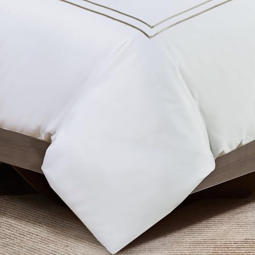 Majestic Giftware Madison Linen 4 Pcs 48" Full Size Duvet Bedding Set (BL51-48F-3-4pcs) Flora Hotel Collection-White-Taupe Embroidery 400 TC Cotton Sateen | 1 Fitted Sheet, 1 Duvet, 2 Pillowcase
