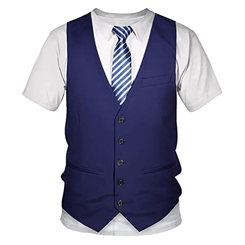 renvena Mens 3D Printed Vest & Tie Tuxedo T Shirt Round Neck Short Sleeve Tux Shirt Blue 4X-Large