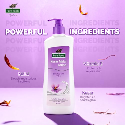 Image of Pure Roots Kesar Malai Body Lotion 400ml (Pack of 2) | Nourishing & Hydrating Moisturizer for Men & Women | Fast Absorbing, Non-Sticky Lotion for All Skin Types