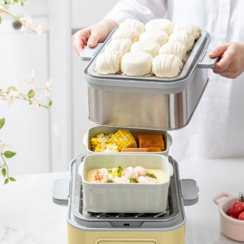 Image of BUYDEEM G52 10.6Qt Electric Food Steamer for Cooking, Mellow Yellow | 1-4 People, 2-hour Keep Warm, 7 Preset Timings, Dual Boil-Dry Protection, Stainless Steel, Glass Lid, 2 Tier