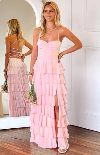 POMUYOO Chiffon Bridesmaid Dresses Long Spaghetti Straps Tiered A-Line Formal Evening Party Gowns with Slit3