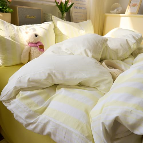 Image of EAVD Yellow and White Vertical Striped Duvet Cover Queen Soft Washed Microfiber Farmhouse Yellow Striped Bedding Set with 2 Pillowcases Reversible Geometric Pattern Duvet Cover with Zipper Closure
