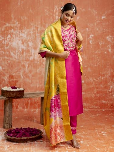 Image of VredeVogel Women's Silk Blend Embroidered Kurta Pant Set with Jacquard Dupatta | Modern & Traditional Blend Ethnic Wear Set
