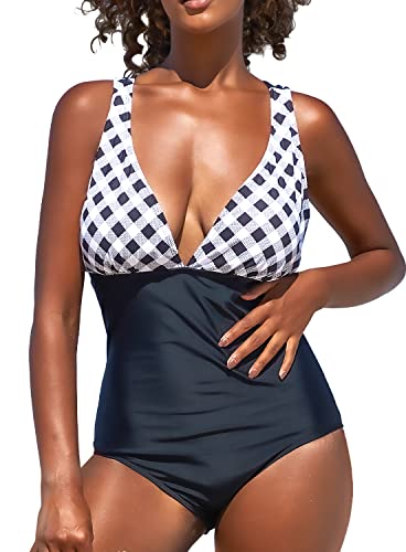 SuperPrity One Piece Swimsuits for Women Tummy Control Cross Back Monokini Swimwear-S,Black Gingham