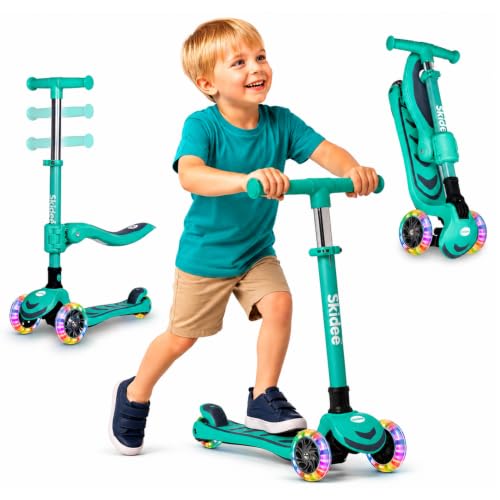 Image of SKIDEE Kick Scooter for Kids Ages 3-5 | Foldable 3 Wheel Scooter with Lean-to-Steer, Adjustable Height, Removable Seat & LED Light Wheels | Toddler Scooter Up to 12 Year Old Boys /Girls