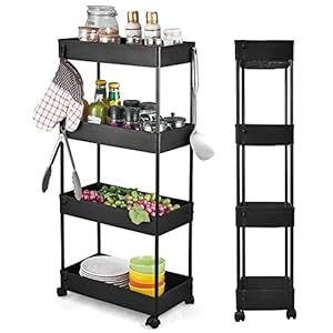 Wopeite 4-Tier Storage Trolley on Wheels, Narrow Utility Kitchen Cart Bathroom Trolley, Space-Saving Rolling Shelving Organiser for Office, Kitchen, Bathroom, Laundry Room, 40 x 22 x 86 cm