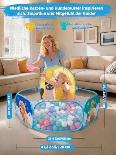Katze & Hund bällebad baby für Kleinkind mit Basketball-Ring Klappbarer Pop-Up bällebad kinder für Mädchen Jungen Indoor Outdoor Spiel Hund Ballbad 120 cm Breite Spielhauszelt Bälle NICHT enthalten