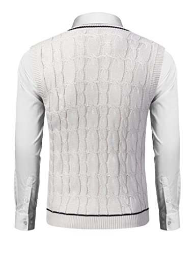Turetrendy Men's V Neck Sweater Vest Casual Cable Knit Slim Fit Sleeveless Pullover Sweater With Ribbing Edge White X-Large #TOP1