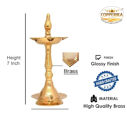 Image of Premium Brass Diya Kerala Samai 7 Inch (Set of 2) Traditional Oil Lamp Deepak Lamp Kutthu vilakku Panchmahal Deepam for Pooja Mandir Diwali Indian Puja Wedding Return Gift Items