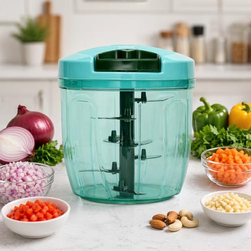 Image of Manual Vegetable Chopper 1000ml | 5 Stainless Steel Blades Veg Chopper for Kitchen | Multipurpose Onion Cutter, Food & Fruit Chopper for Garlic, Ginger & Nuts