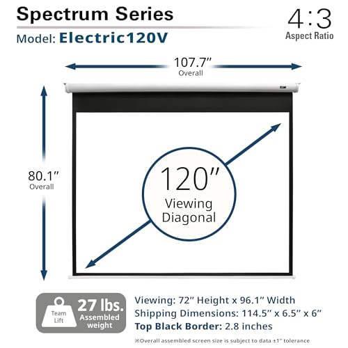 Image of Elite Screens Spectrum 2 Electric Motorized Projector Screen 120″ 4:3, MaxWhite FG 1.1 Gain, Wall & Ceiling Mount, 4K 8K HDR - ELECTRIC120V