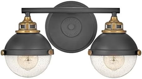 Hinkley Fletcher 5172BK Two-Light Bath Vanity Fixture, Vintage Industrial Fixture, Clear Seedy Glass, Bath and Beyond, Black and Heritage Brass