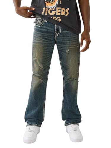 True Religion Men's Ricky Super T Flap Jeans, Menswear Dark Wash Wih Rips, 34