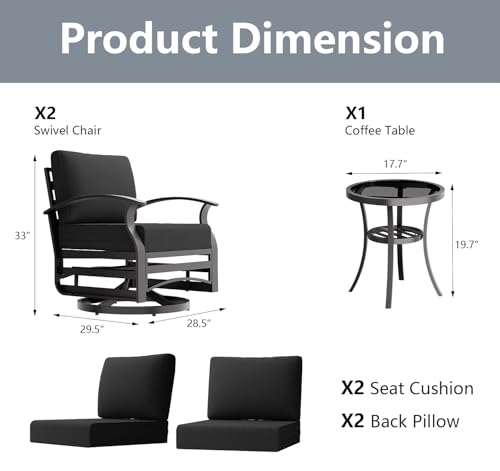 Image of Outdoor Patio Furniture Set, 3 Piece Aluminum Metal Chairs Swivel Rocker, Overstuffed Washable Cushions Bistro Set for Porch, Balcony, Deck, Garden Black