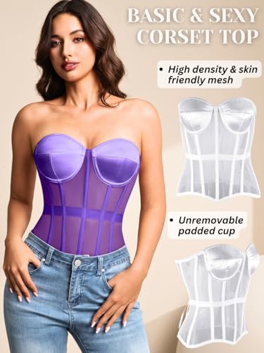 Image of Kaei&Shi Sheer Mesh Overbust Corset,Sexy Strapless Lace Up Satin Bra Corsets Top For Women Shapewear