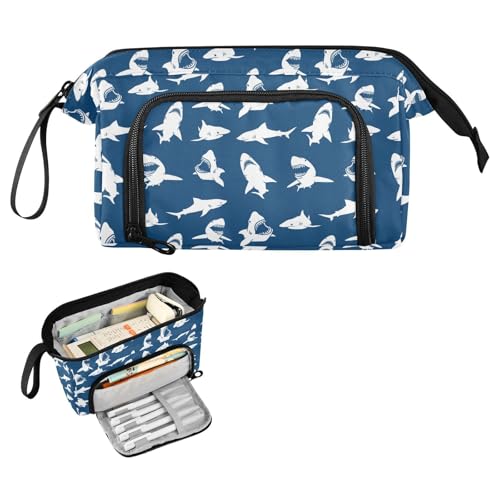 Image of Sharks Blue Print Pencil Case Pouch Big Capacity Pencil Bag Box Organizer Pen Case with Compartmens Stationery Organizer for Girls Boys Women School College Office