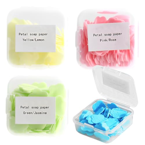 JEYORZY 4 cajas copos de jabón, jabón de papel, Papel Jabonoso Hojas de Jabón Jabón de Papel con Caja de Plástico Jabón de Papel Portátil Hojas Jabon De Papel Jabon para Camping Senderismo