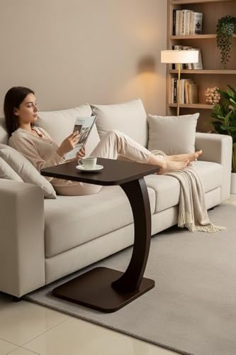 Image of Modern C-Shaped Side Table for Sofa & Bed - Multi-Purpose Laptop Table, Snack Holder, Book & Plant Stand - Compact & Sturdy Bedside Table (Dark Brown,)
