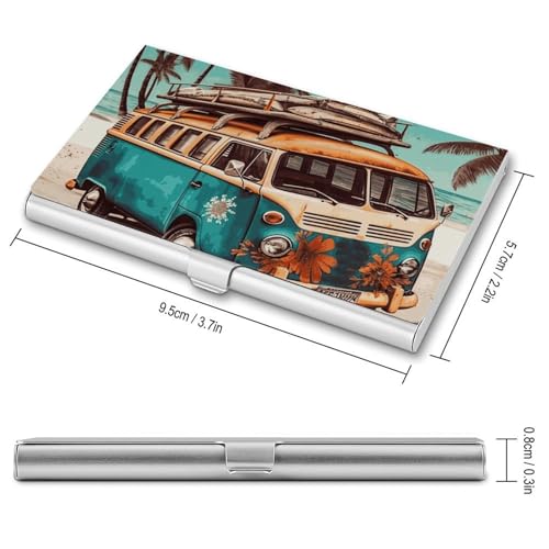 Business Card Holder Old Bus with Surfboard Business Card Case Slim Business Card Organizer with Magnetic Shut Professional Metal Name Card Holder Carry-on Pocket Wallet for Men Women2