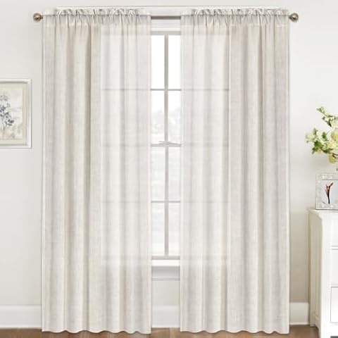 FantasDecor Linen Sheer Curtains 84 inch Length 2 Panels Set Light Filtering Privacy Drapes Rod Pocket Window Blinds Decor Shades for Farmhouse Bedroom, Natural Cover