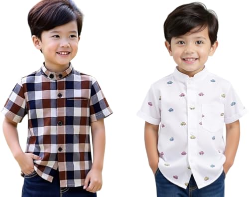 Image of Boys Short Sleeve Button Down Shirts, Plaid and Striped Pattern, Cotton Casual Tops, Pack of 2