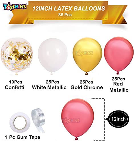 Image of Toyshine 86 Pcs Balloon Party Decoration Combo | 25 White Metallic, 25 Gold Chrome, 25 Red Metallic, 10 Confetti Balloons, 1 Tape for Birthday Anniversary Theme Party