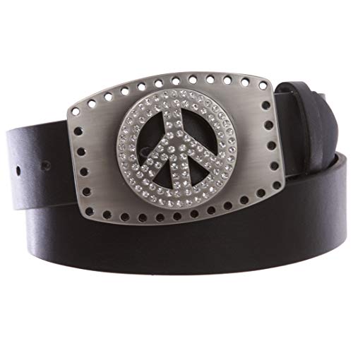 1 1/2" Snap On Rhinestone Peace Sign Hollow Out Buckle With Leather Belt, Black | S- 30"~32"