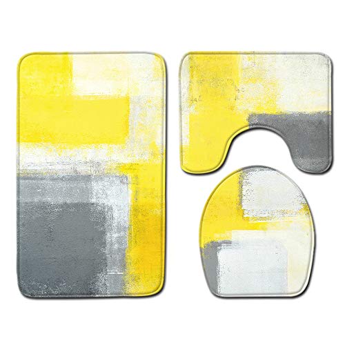 CNNINHAO rutschfeste 3 Teilig Badteppich Set, Badezimmer Teppich U-förmigen Contour Matte und WC Vorleger Badematte Soft Waschbar Badvorleger (50 x 80cm,Gelbgrau)